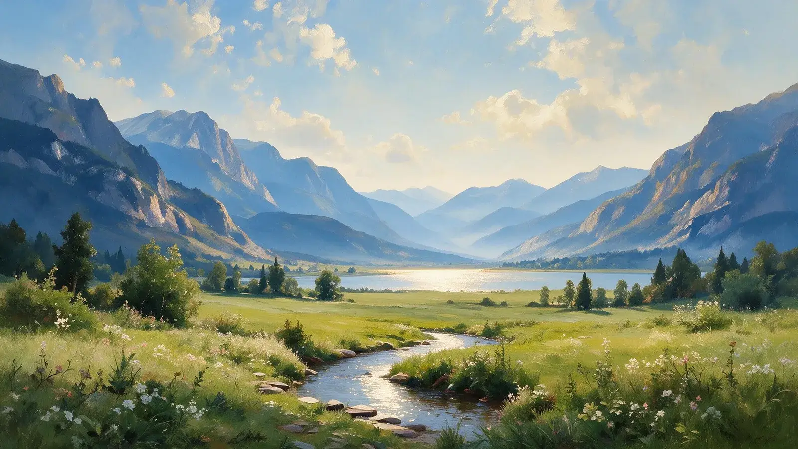 Oil painting of a stream winding through a flowering meadow toward a sunlit lake in a wide mountain valley