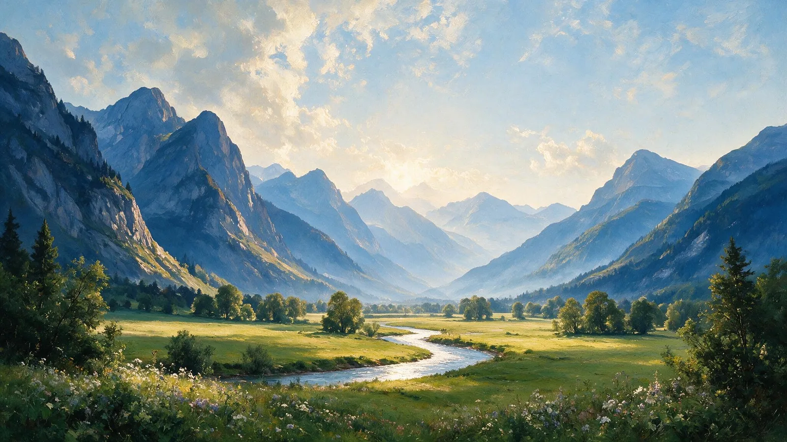 Oil painting of a sunlit alpine valley with a winding river and a dozen mountain peaks receding into haze
