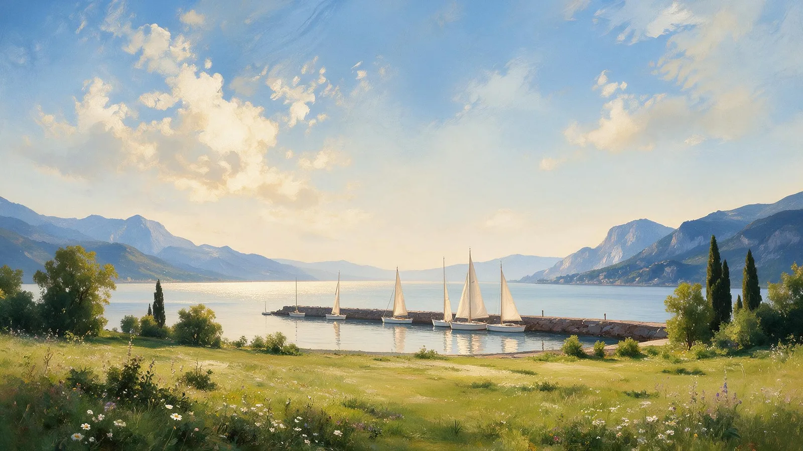 Oil painting of white sailboats with plain unmarked sails moored along a stone breakwater on a calm lake, green hills and mountains behind