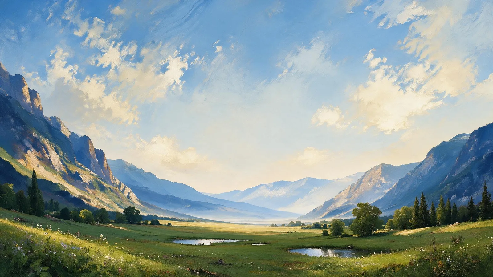 Oil painting of a wide blue sky over a high meadow with small ponds reflecting the light and low peaks in the distance