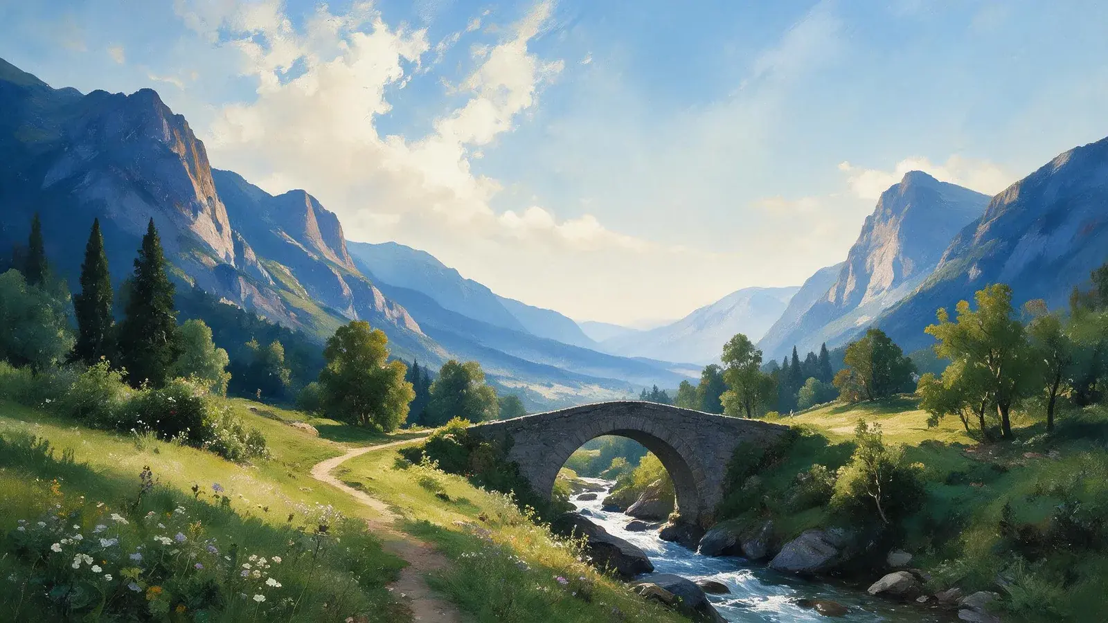 Oil painting of an old stone bridge across a river gorge, a freshly reopened path leading into sunlit green hills