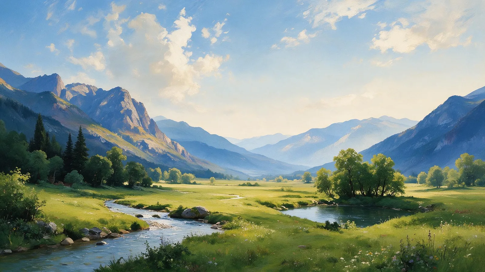 Oil painting of a mountain stream split by a boulder, one channel running openly across a meadow and one feeding a quiet sheltered pool under trees