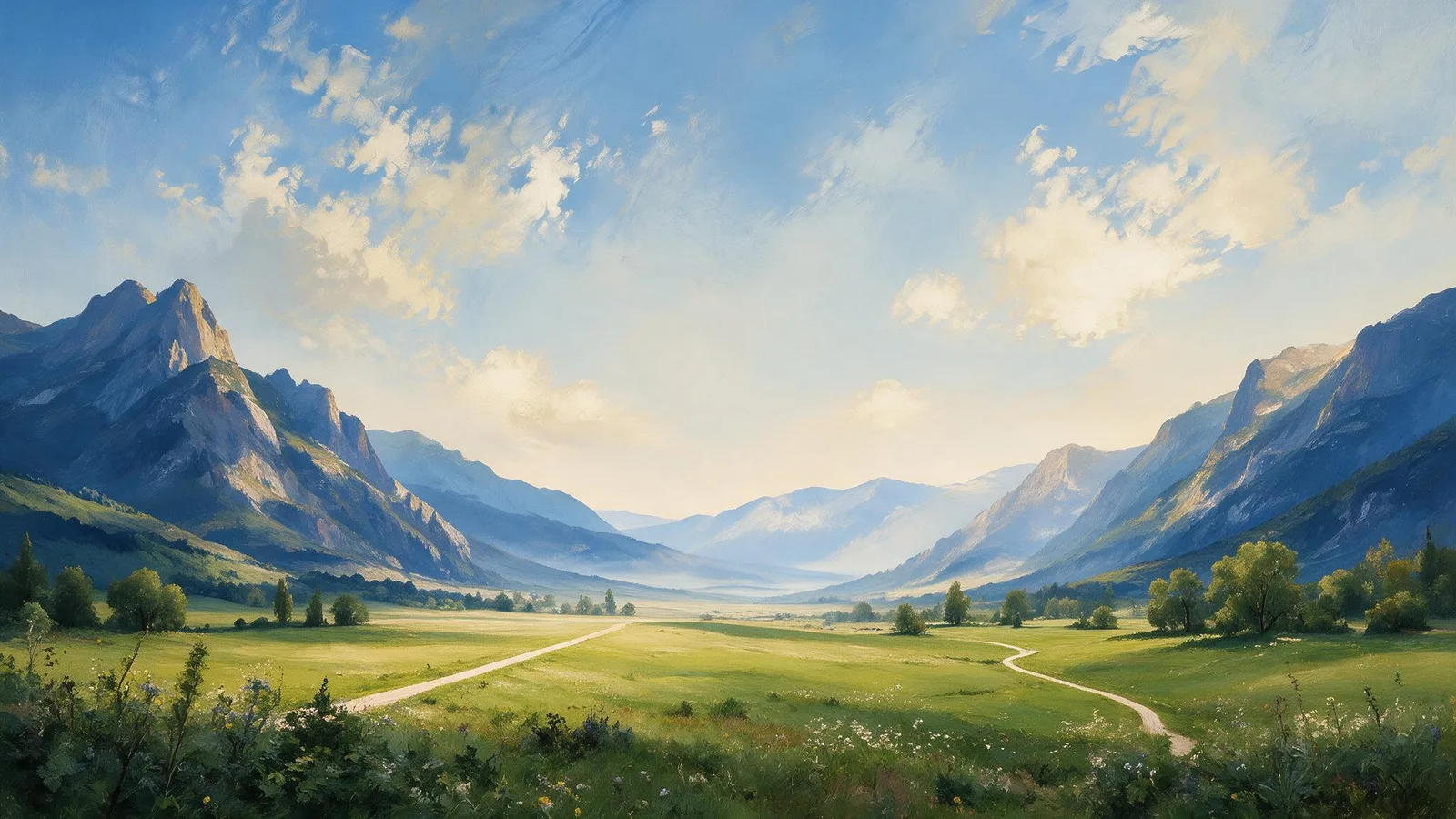 Oil painting of two roads, one straight and one winding, crossing the same sunlit valley toward a shared mountain horizon