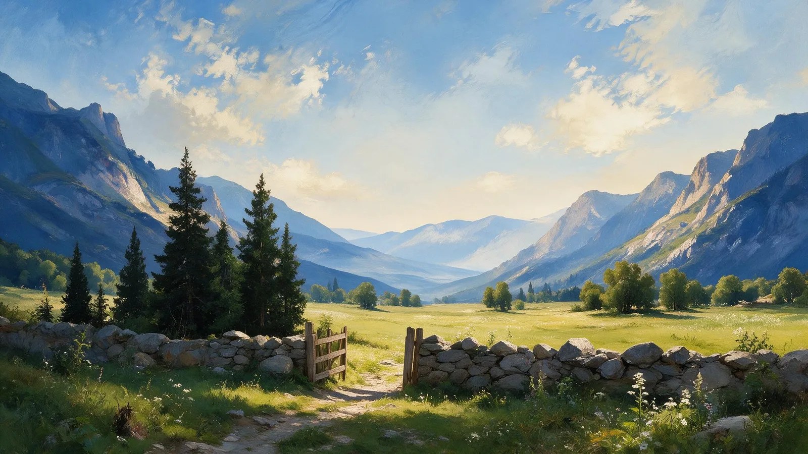 Oil painting of a narrow stone-walled mountain path passing through an open wooden gate from shadowed pines into a sunlit high meadow with distant peaks