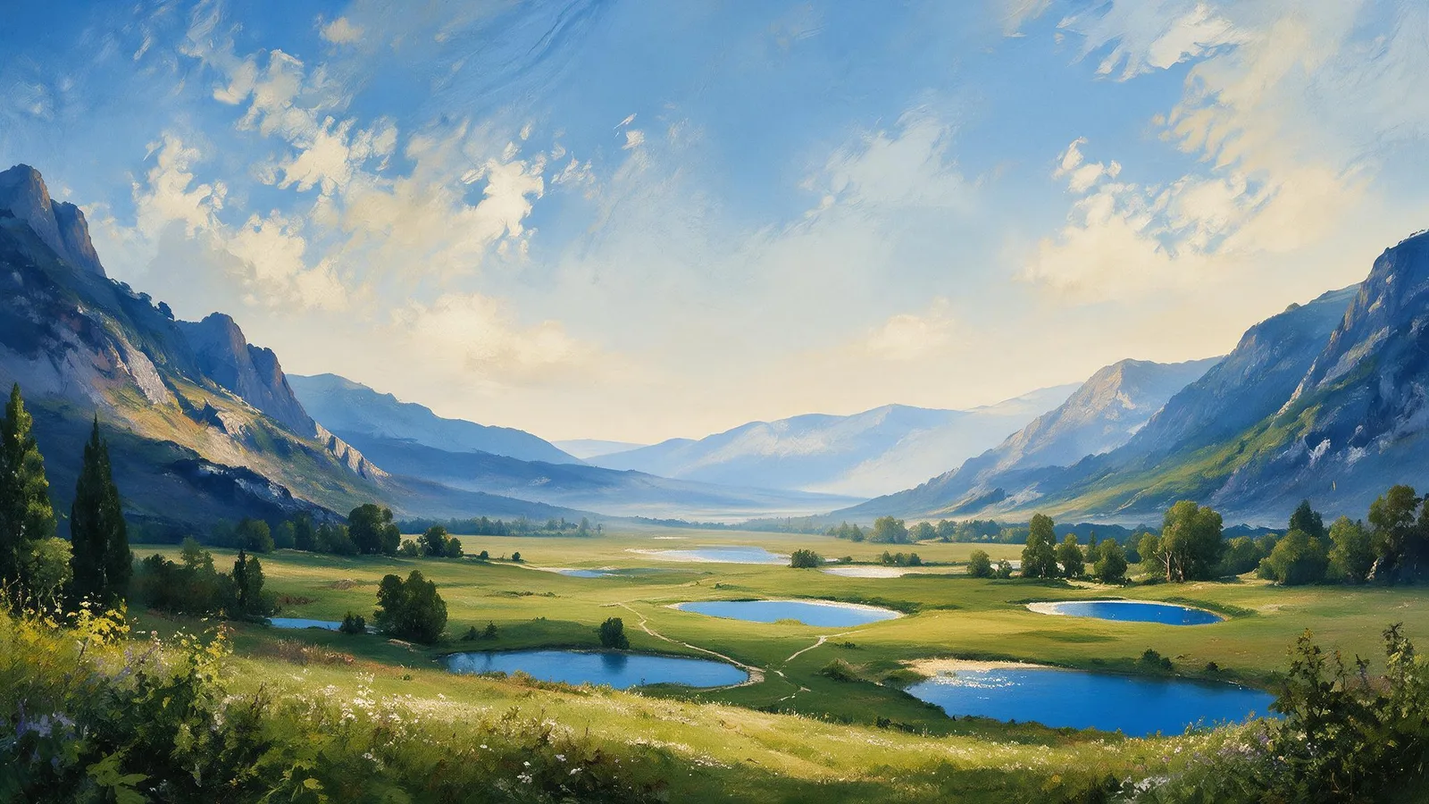 Oil painting of a high plateau with many small blue lakes scattered across green meadow, one path winding between them under evening light