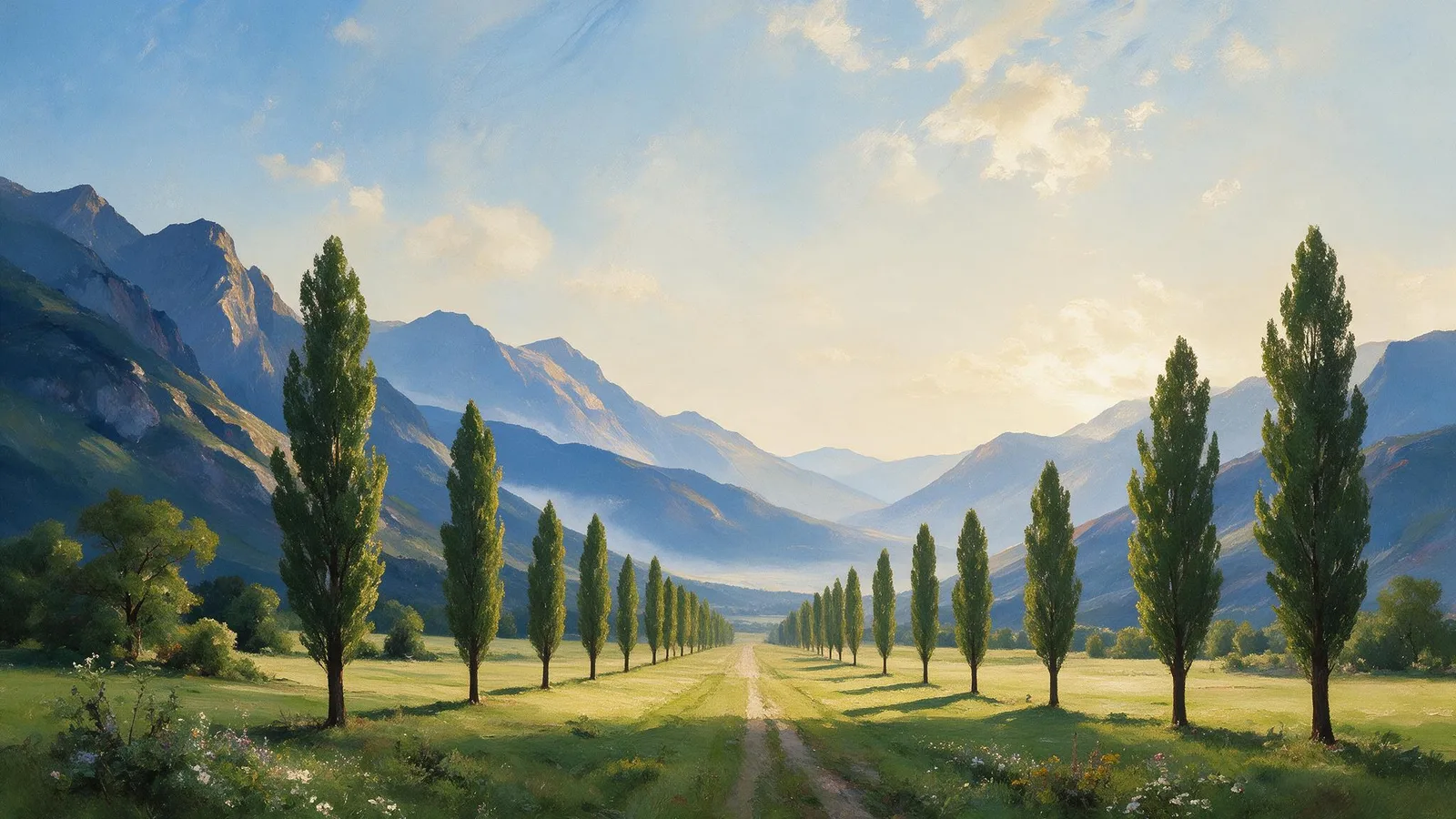 Oil painting of a long straight country road lined with evenly spaced poplars running toward distant blue hills under a clear morning sky