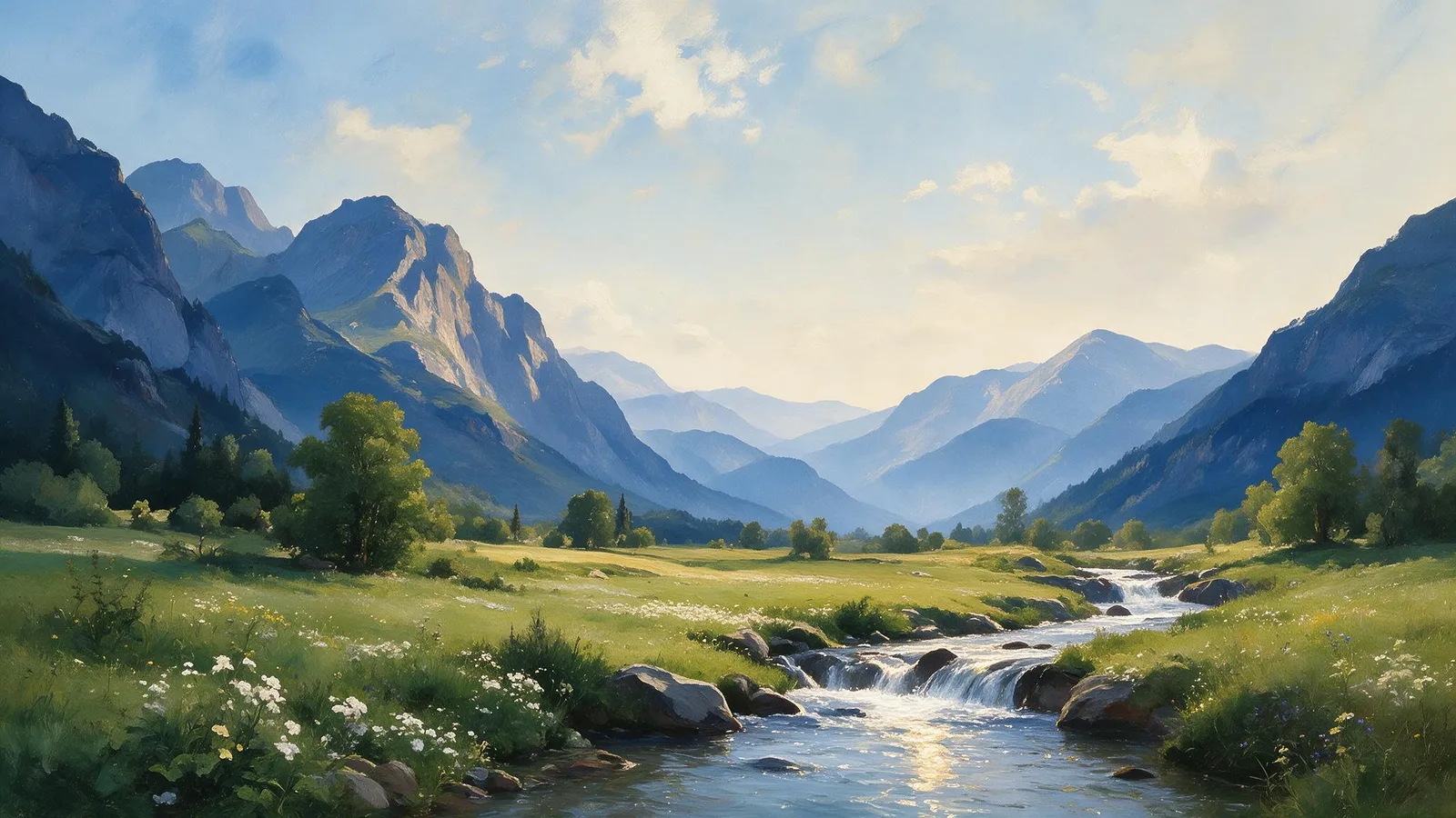 Oil painting of a mountain stream tumbling down a series of short evenly spaced waterfalls into a bright valley at golden hour