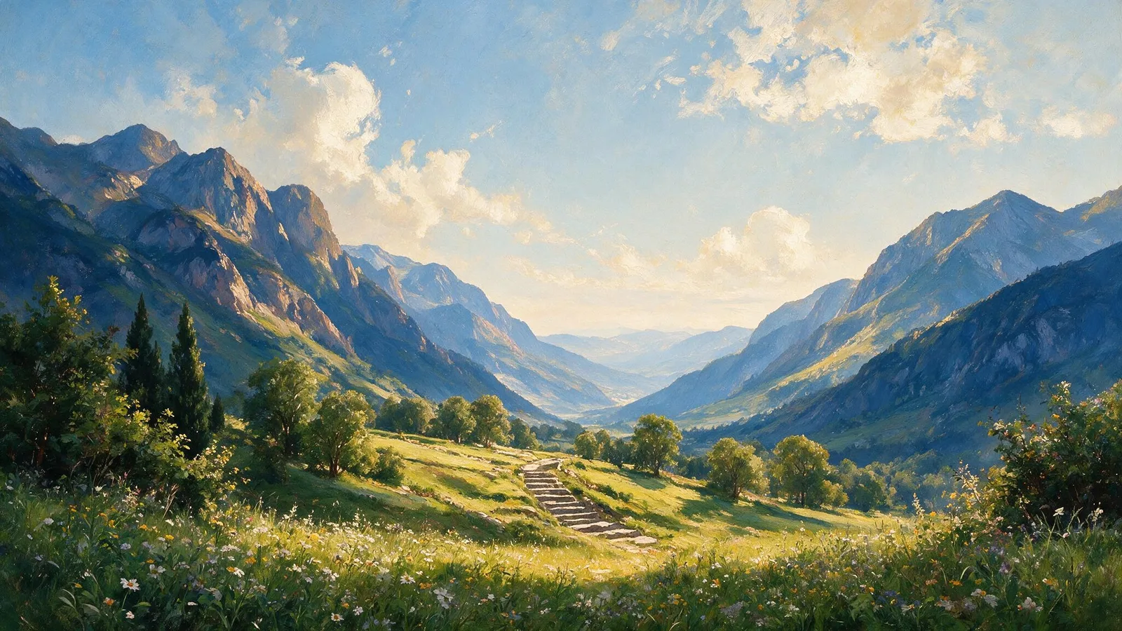 Oil painting of a stone footpath climbing through a sunlit wildflower meadow toward a mountain pass