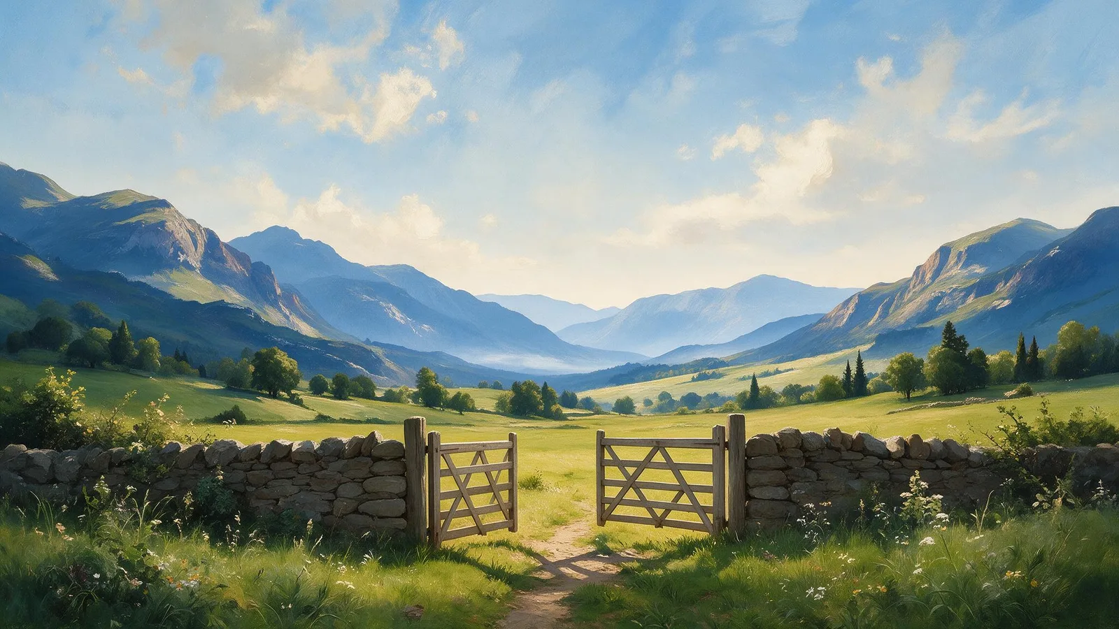 Oil painting of an open wooden gate between two dry-stone walls, a footpath leading through into sunlit green hills