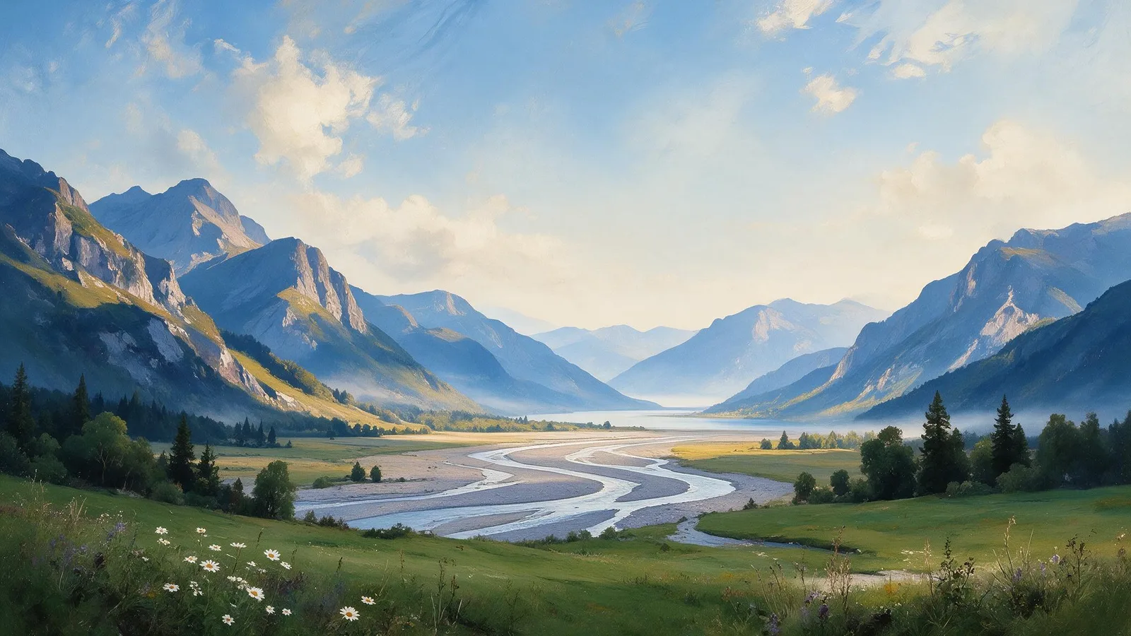 Oil painting of a braided river splitting into channels across a gravel valley toward a misty mountain lake, daisies in front
