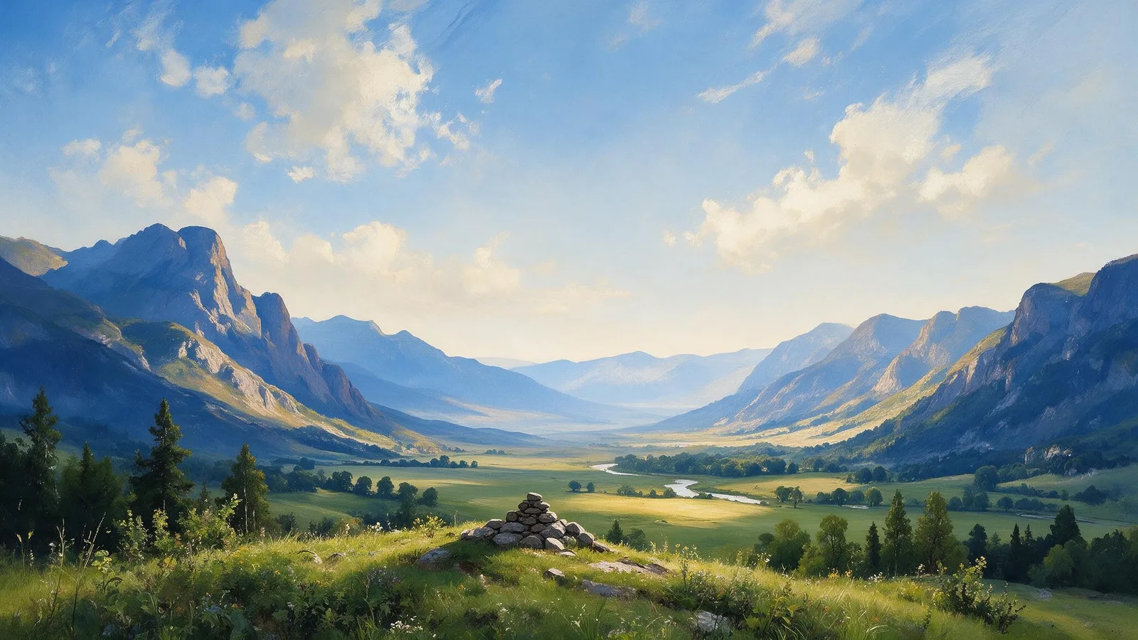Oil painting of a grassy lookout with a stone cairn above a wide valley where every field and river is visible in clear light