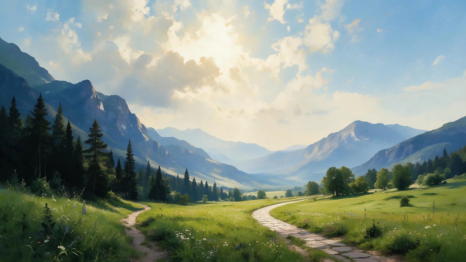 Oil painting of two paths dividing in a wildflower meadow, a dirt track into dark pines and a stone road toward sunlit peaks