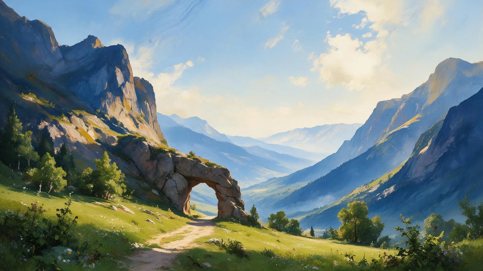 Oil painting of an open natural rock archway on a mountain pass with a dirt trail running freely through it toward sunlit blue valleys