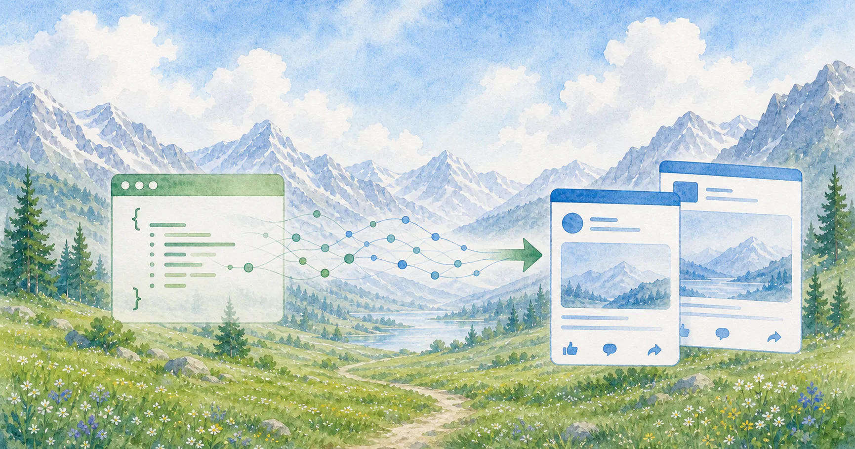 Watercolor illustration of code publishing to a personal profile post and a company page post
