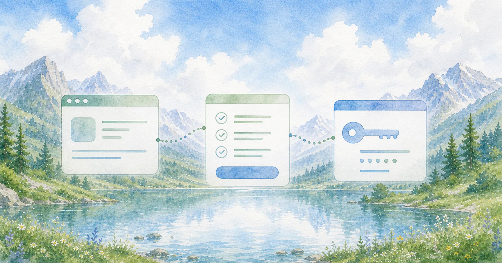 Watercolor illustration of an OAuth handshake between an app, a consent screen, and an access token