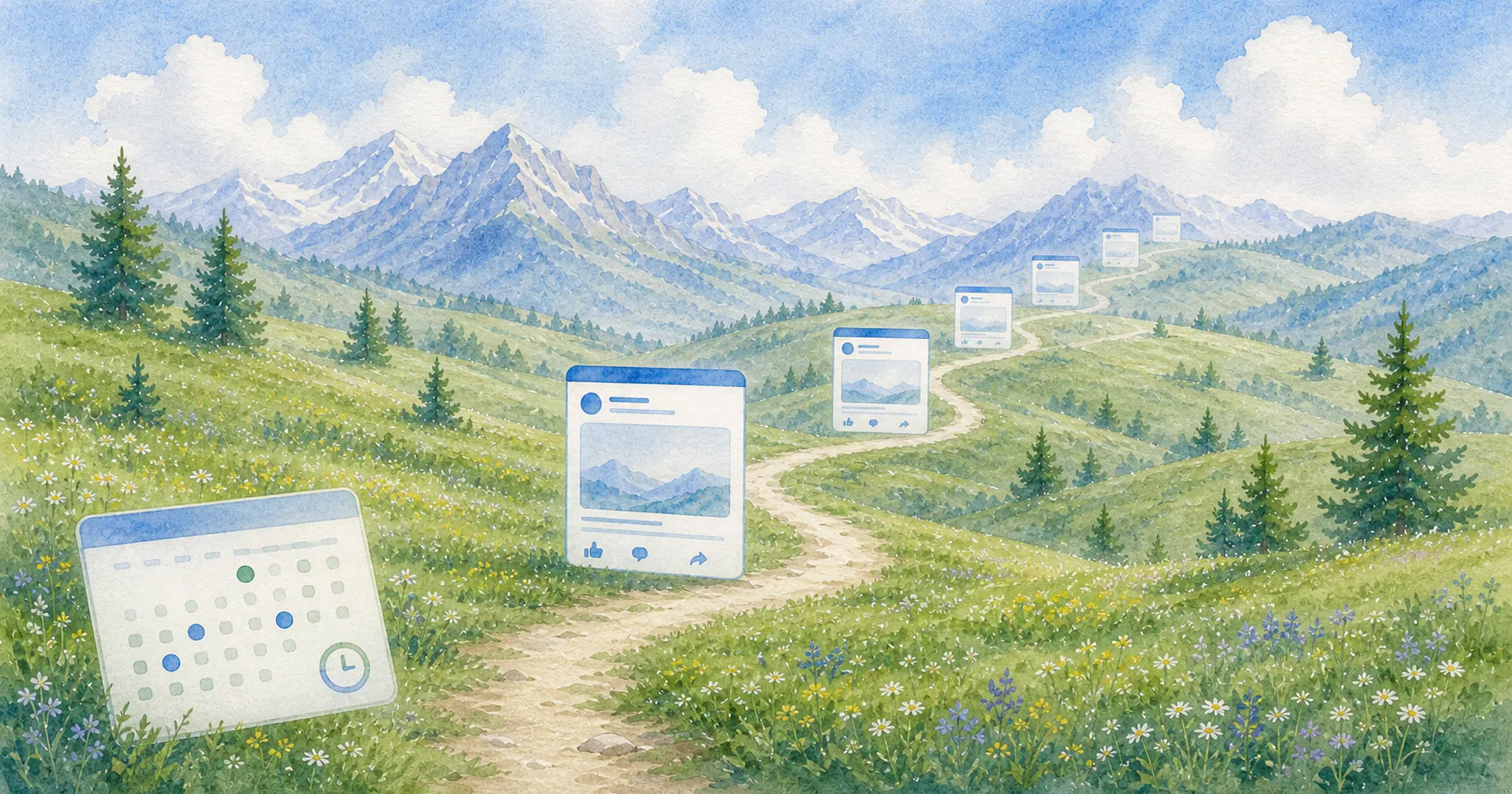 Watercolor illustration of a queue of scheduled posts publishing along a winding path