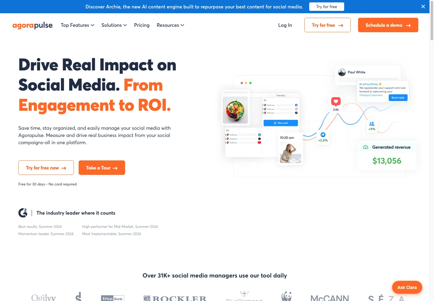 Agorapulse homepage highlighting social media engagement and ROI with publishing, inbox, and analytics previews