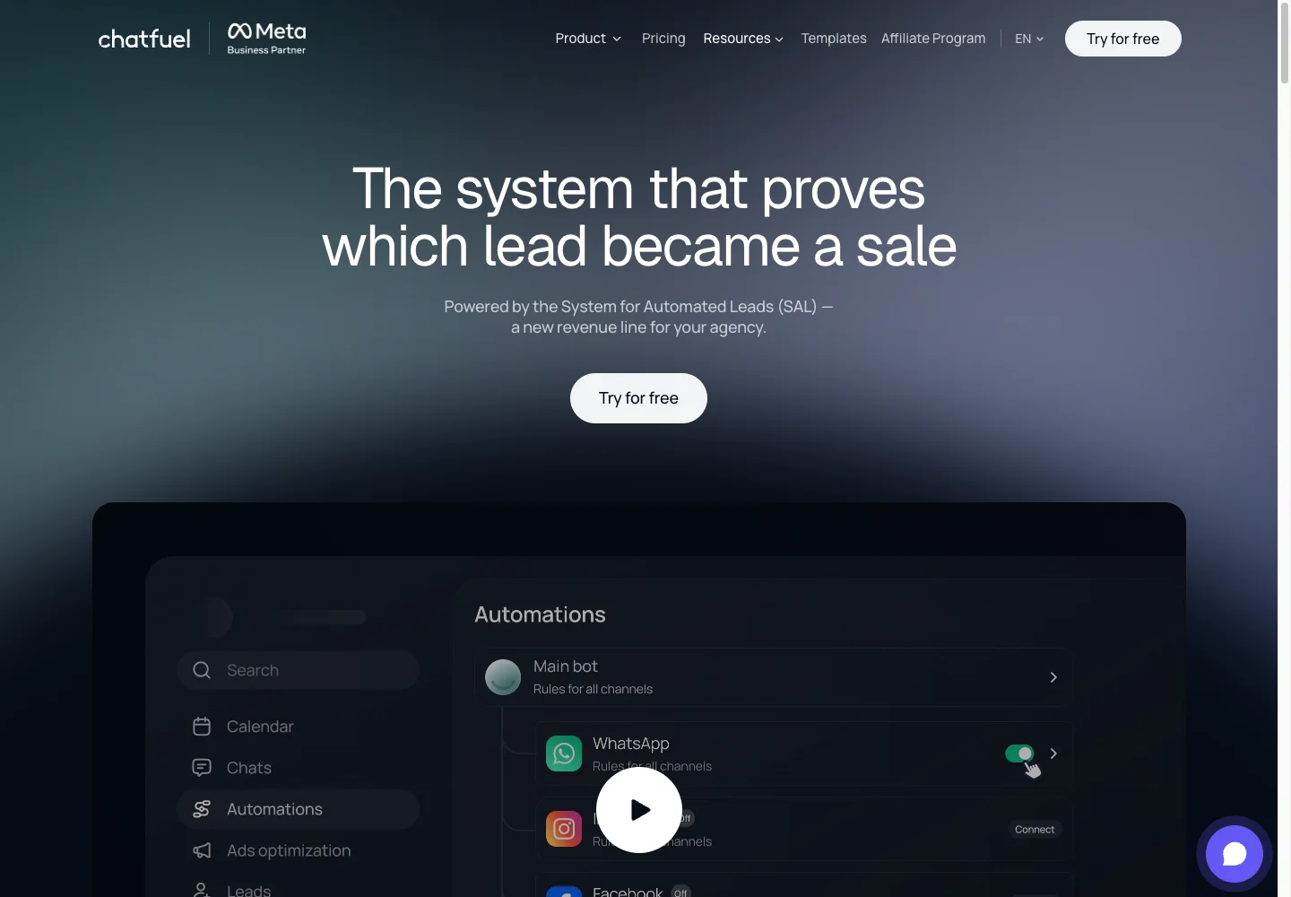 Chatfuel homepage introducing its automated lead system with a preview of its messaging automation dashboard