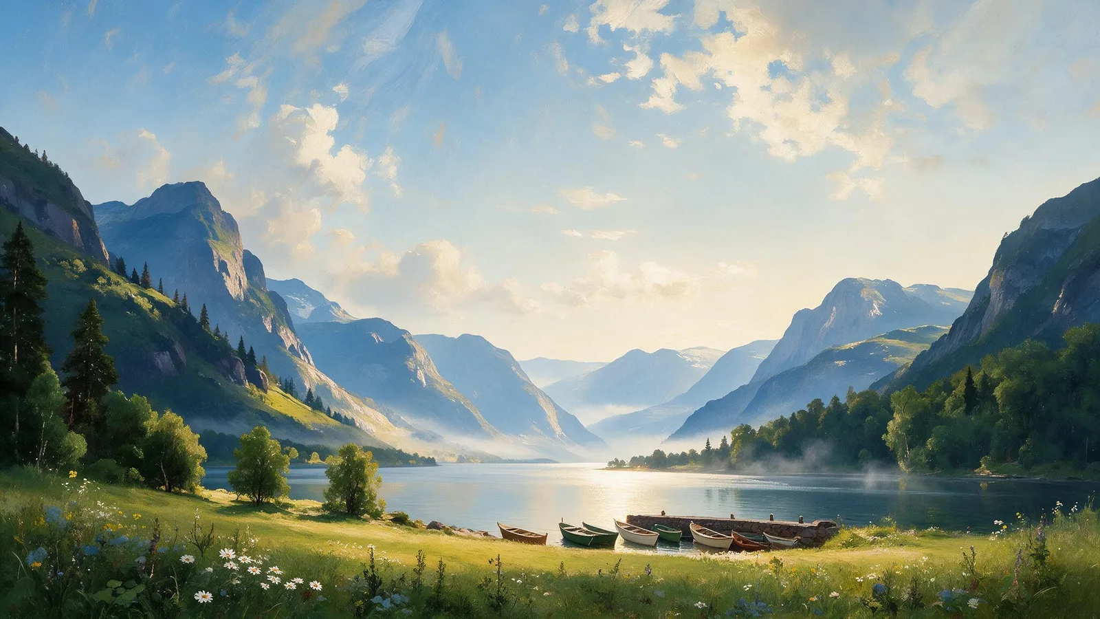 Oil painting of a calm fjord at dawn with a row of small boats moored at a stone jetty, mist over the water and steep green slopes