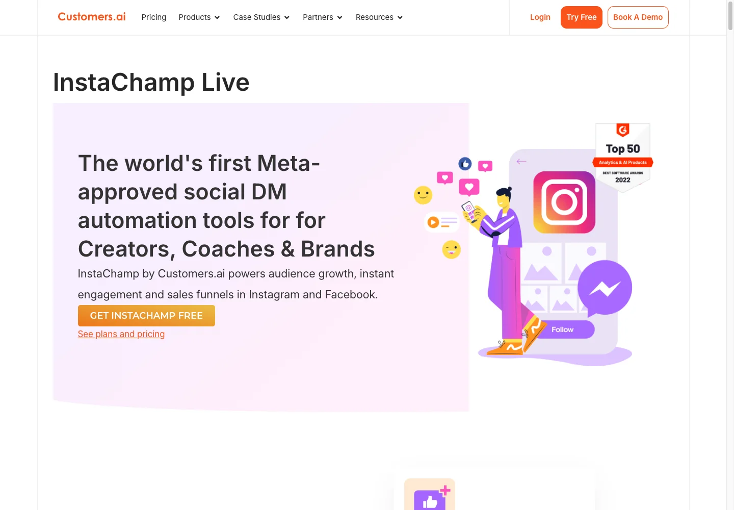 Customers.ai InstaChamp homepage promoting Instagram and Facebook DM automation for creators, coaches, and brands
