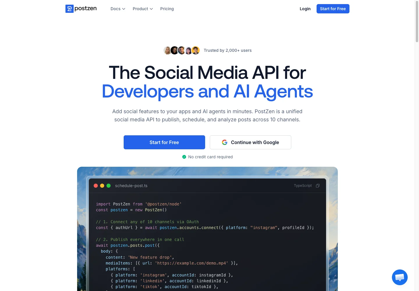 PostZen homepage showing its social media API for developers and AI agents, with a publishing code example