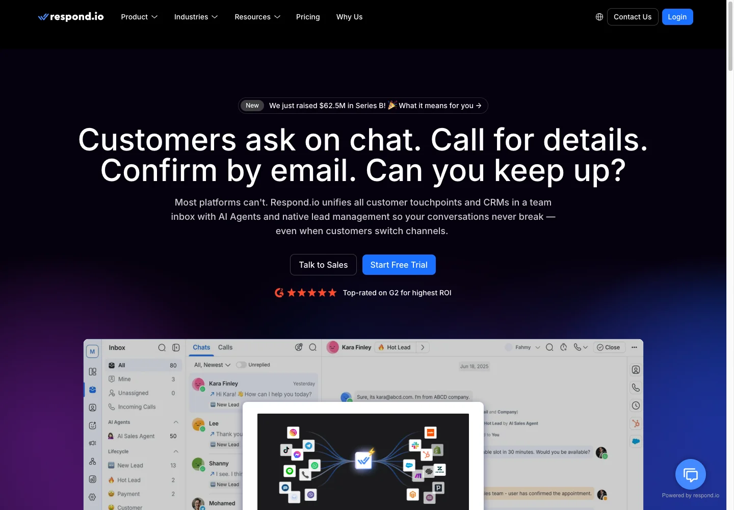 Respond.io homepage presenting its unified customer conversation platform with a team inbox preview