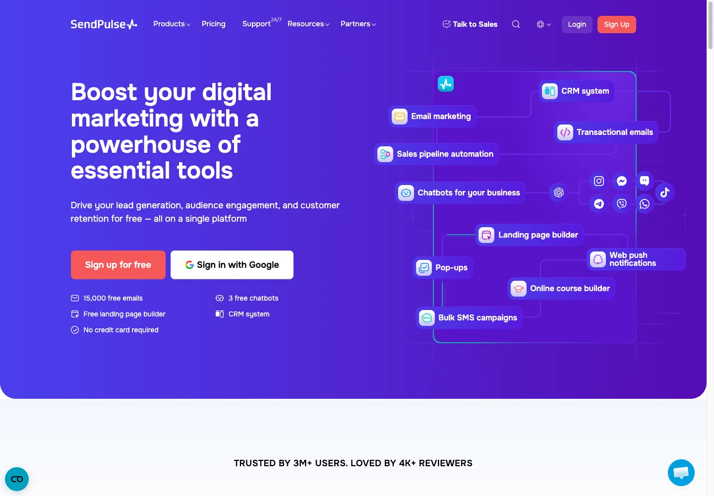 SendPulse homepage showcasing its email marketing, chatbot, CRM, and marketing automation tools