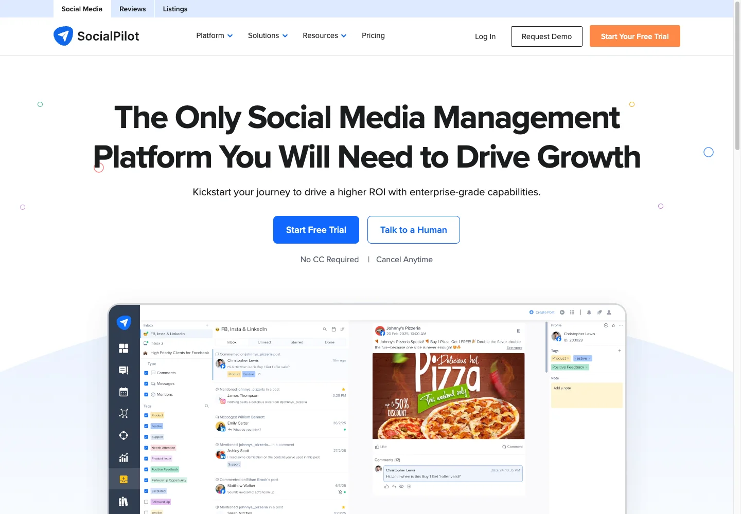 SocialPilot homepage highlighting social media management with a preview of its social inbox