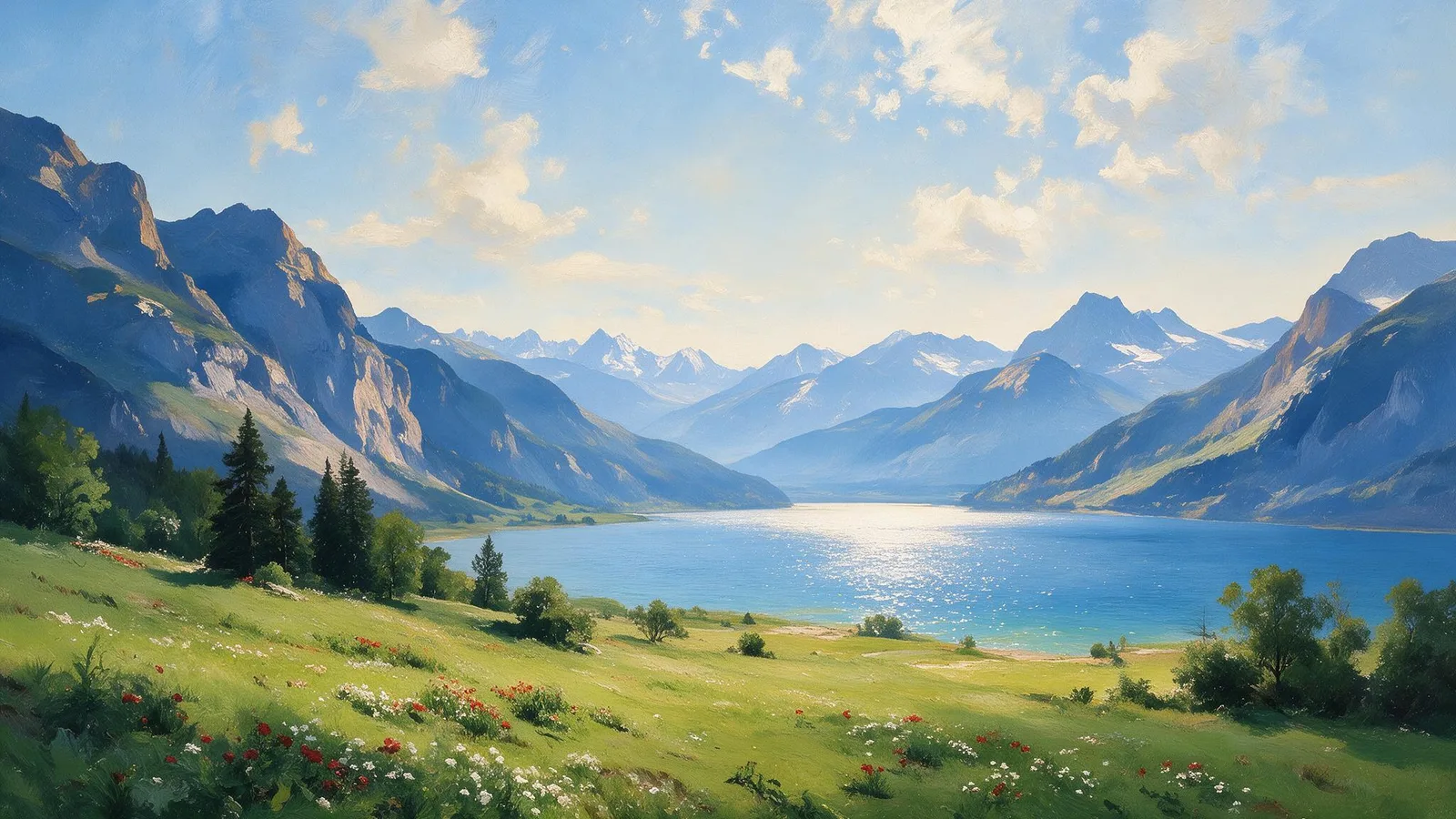 Oil painting of an alpine lake at midday with patches of red and white wildflowers scattered across a green hillside and snow peaks in the distance
