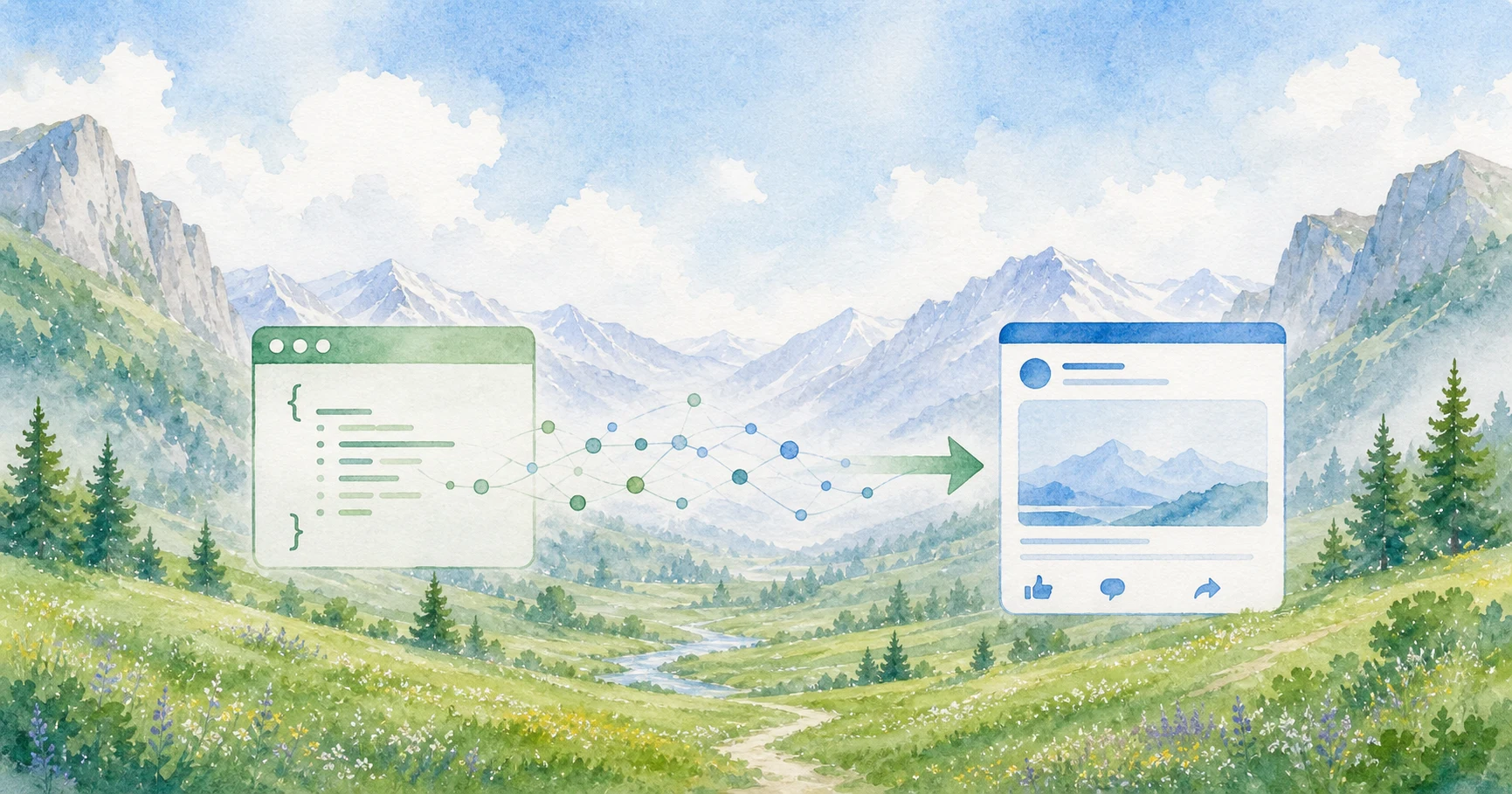 Watercolor illustration of code flowing through an API into a professional social post