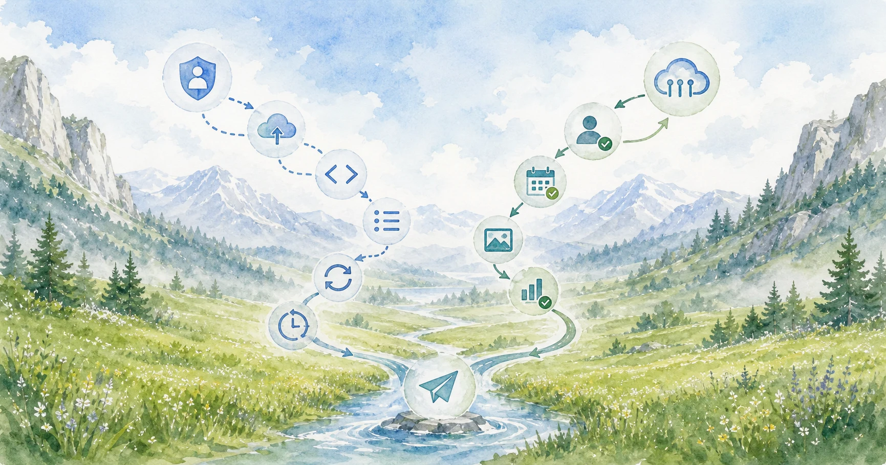 Watercolor workflow illustration comparing direct LinkedIn API setup with a managed PostZen publishing path