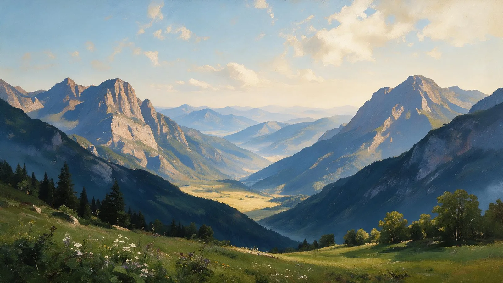 Oil painting of a high mountain overlook above several converging valleys, each lit differently under a wide morning sky