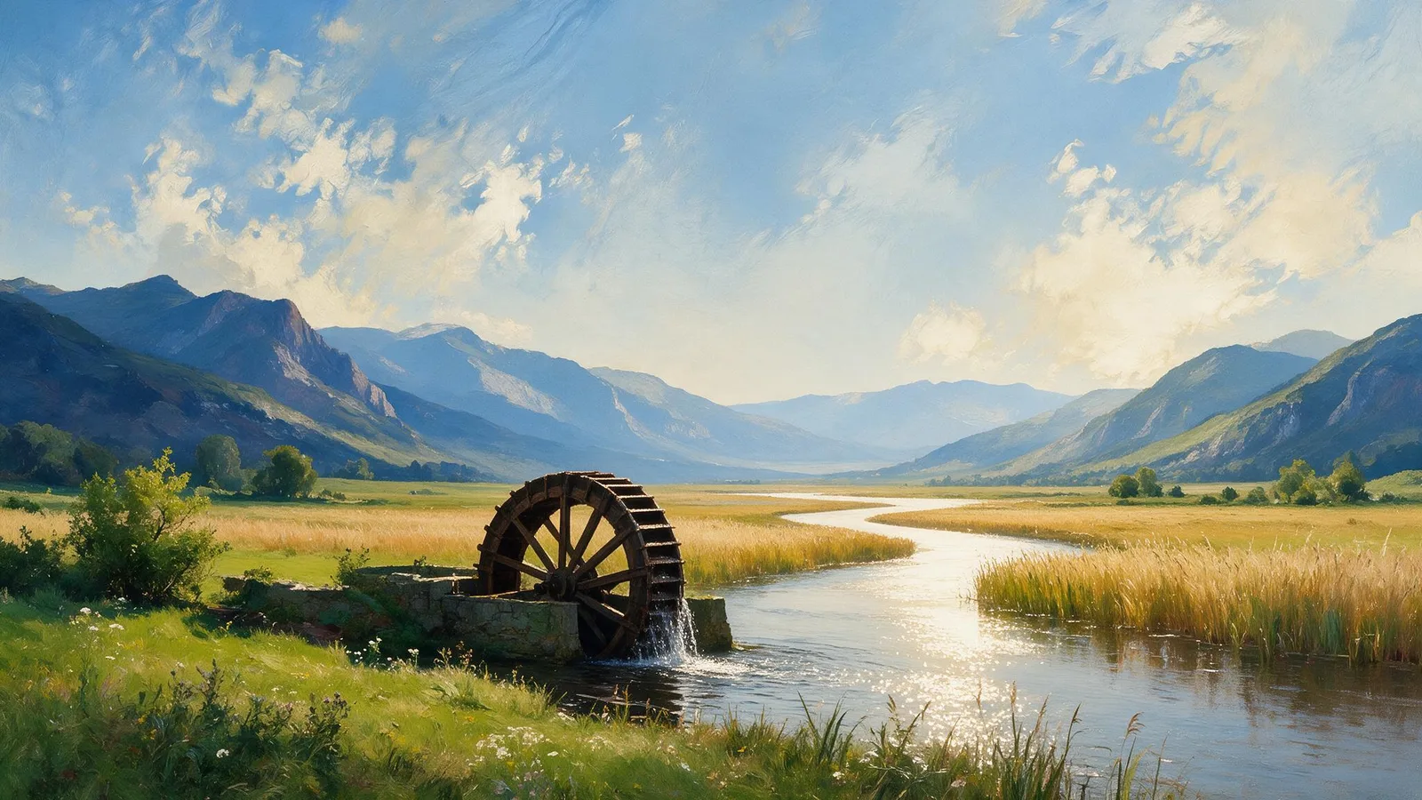 Oil painting of an old wooden waterwheel turning in a stream that winds through golden reed beds toward distant mountains