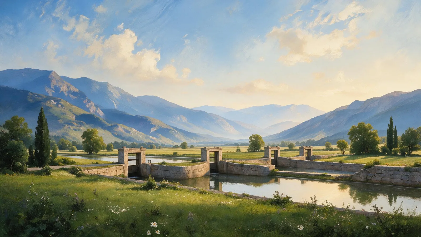 Oil painting of a row of stone water gates along a calm canal in open farmland, each gate holding back its own pool under evening light