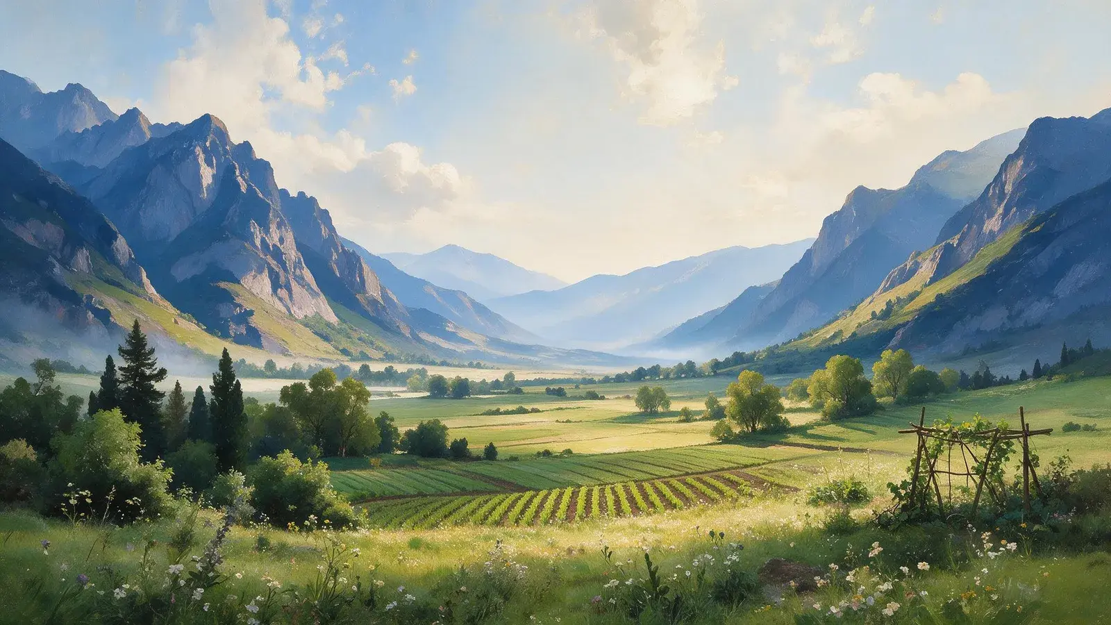 Oil painting of rows of young green seedlings in a mountain valley at sunrise, beside a rustic vine-covered wooden trellis