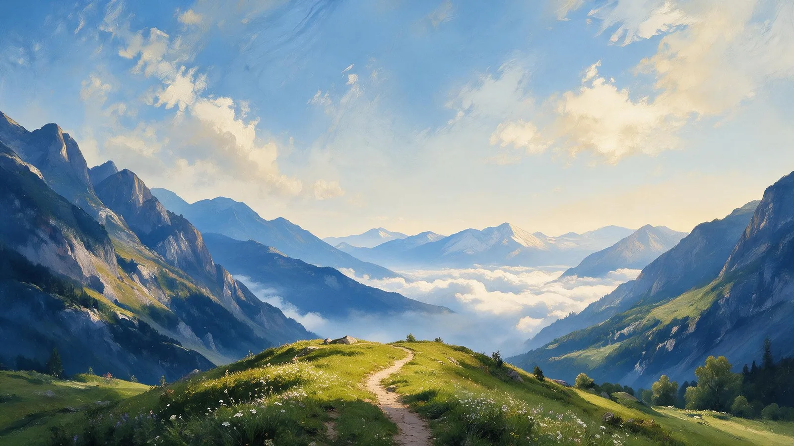 Oil painting of a grassy trail climbing a ridge above a valley filled with clouds, with sunlit mountain peaks beyond