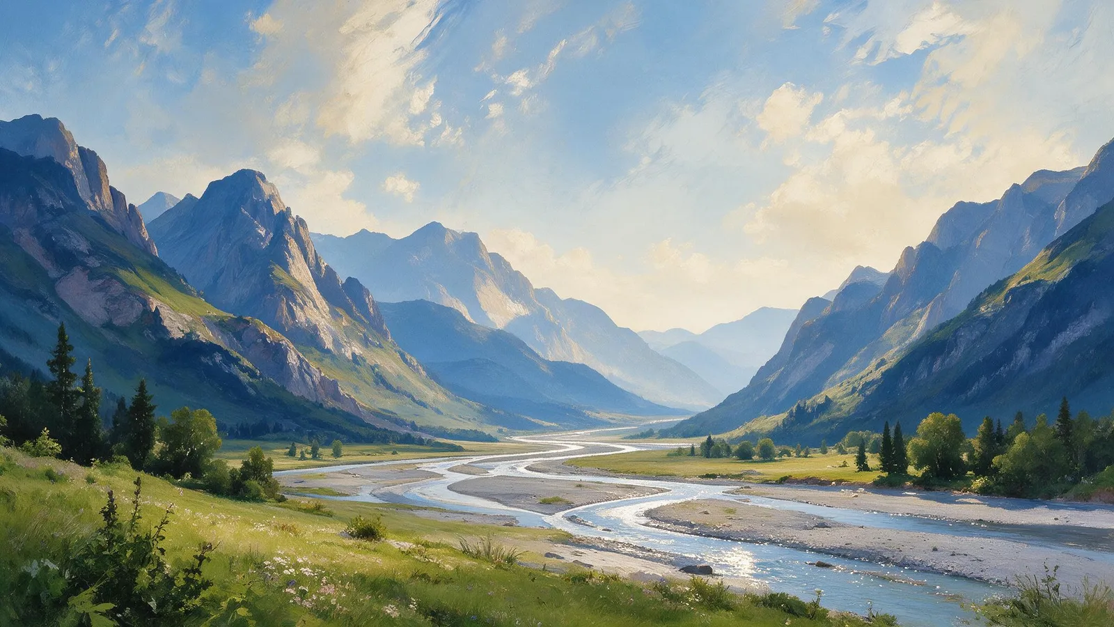 Oil painting of a braided river splitting into many shallow channels across a wide gravel valley floor beneath mountains