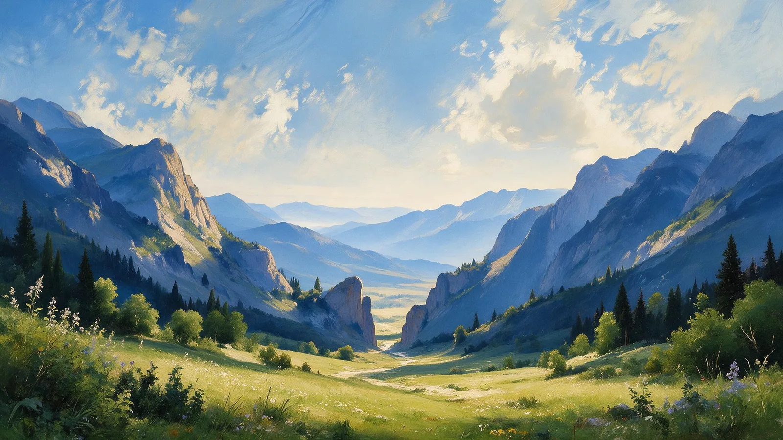 Oil painting of a mountain trail passing between two natural rock pillars into a wide sunlit valley