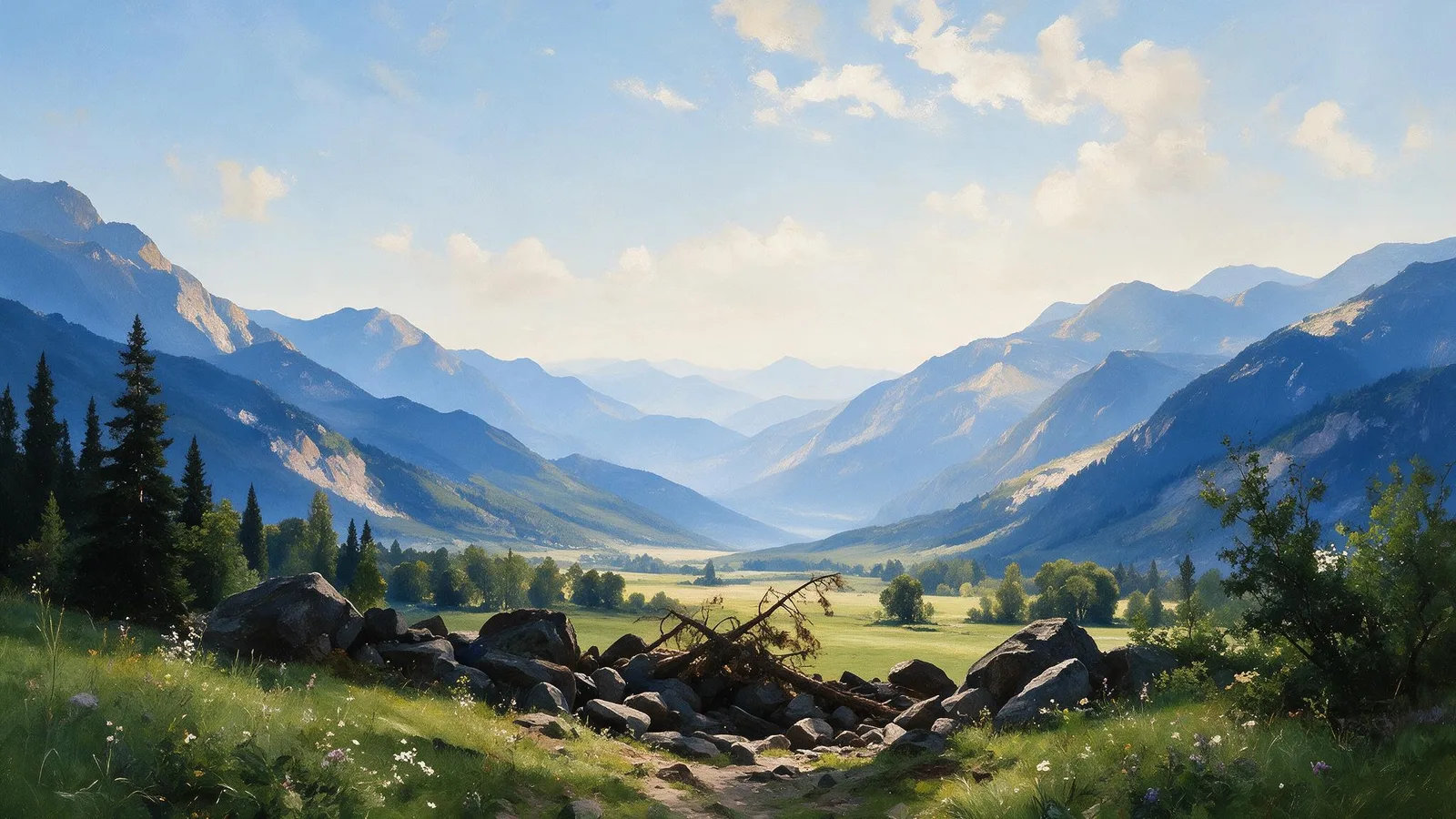 Oil painting of a mountain trail blocked by boulders and a fallen pine, with a bright open valley visible just beyond