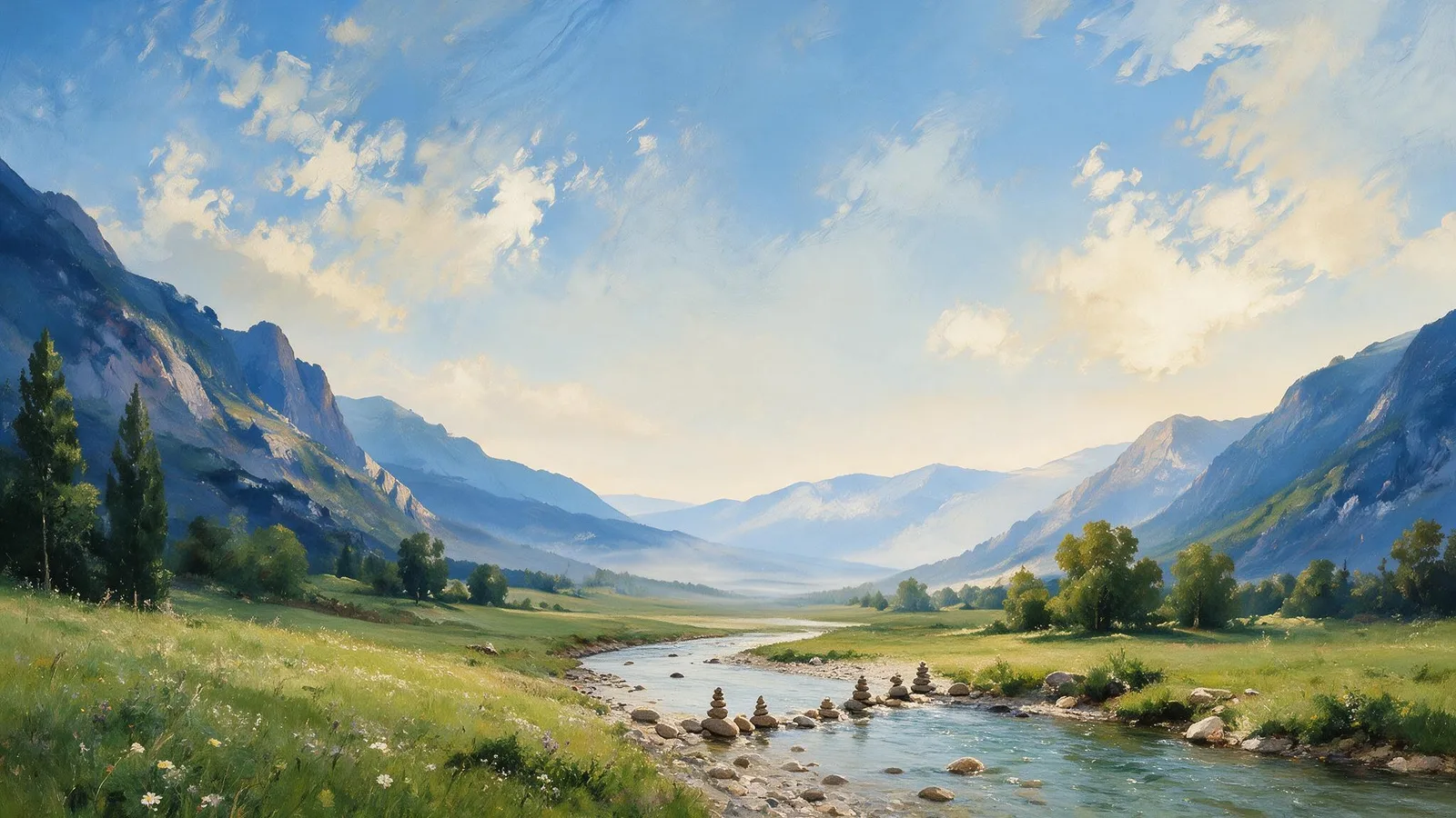 Oil painting of a row of small stone cairns marking a shallow river ford in a green mountain valley under a bright sky