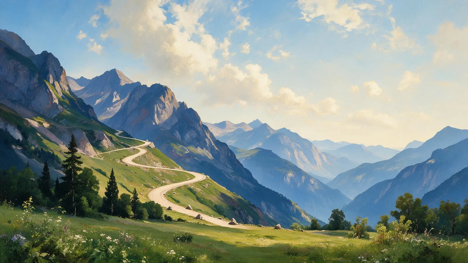 Oil painting of a mountain toll road climbing in switchbacks toward a high pass, each bend marked by a cairn of stacked stones