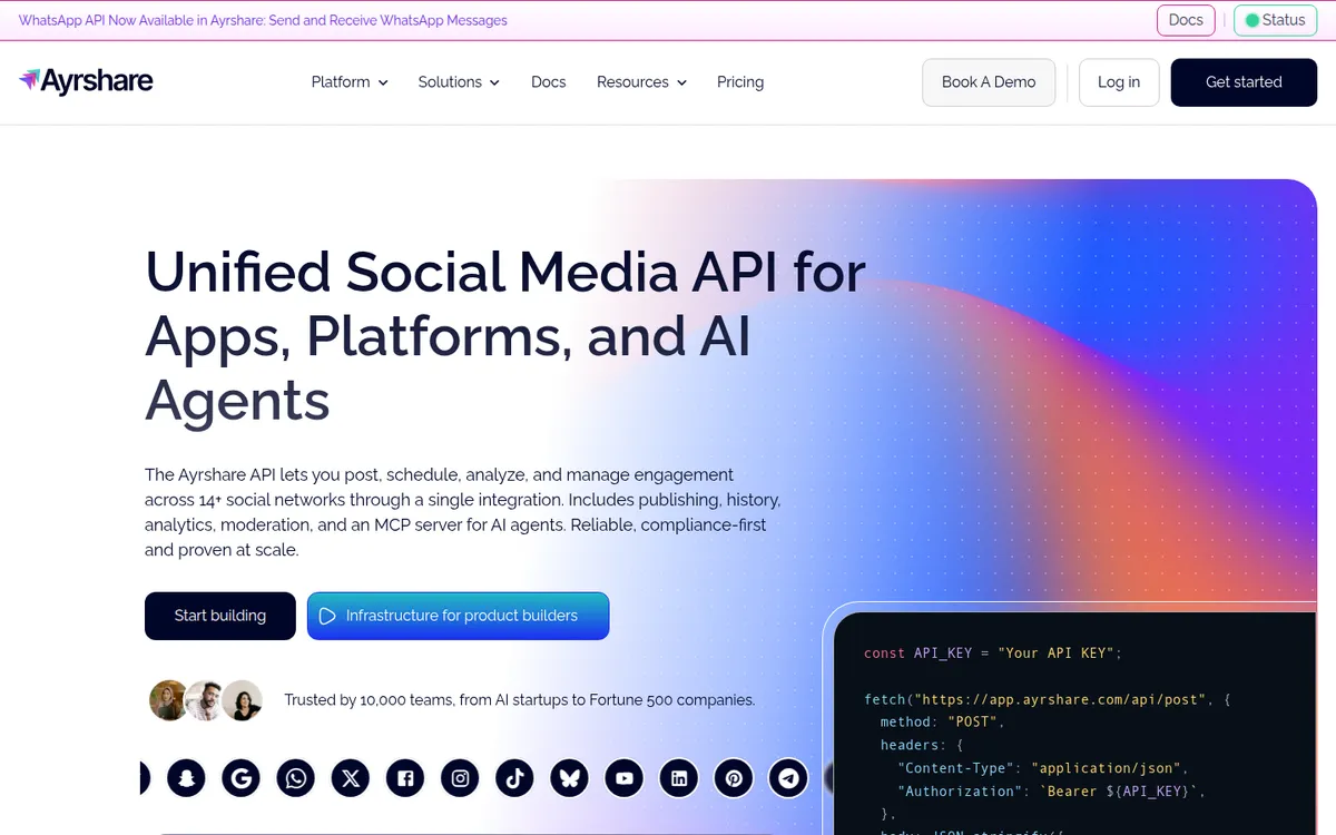 Ayrshare homepage: Unified Social Media API for Apps, Platforms, and AI Agents, captured September 23, 2026