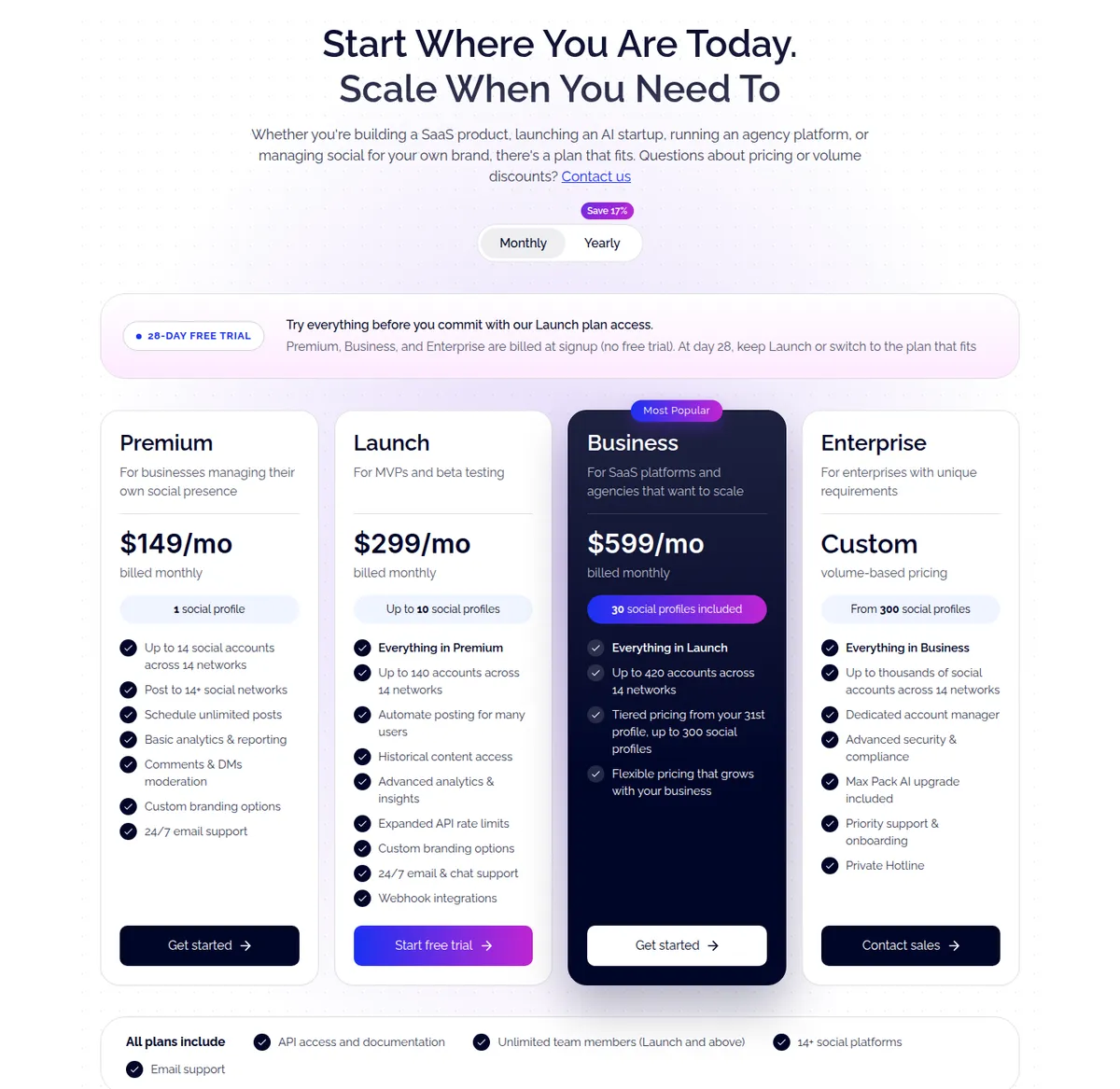 Ayrshare pricing page: Premium $149, Launch $299, Business $599, Enterprise custom, captured September 23, 2026