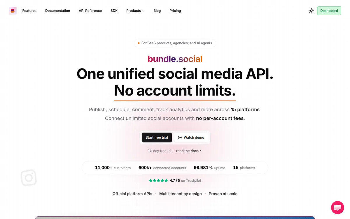 bundle.social homepage: One unified social media API. No account limits., captured September 23, 2026