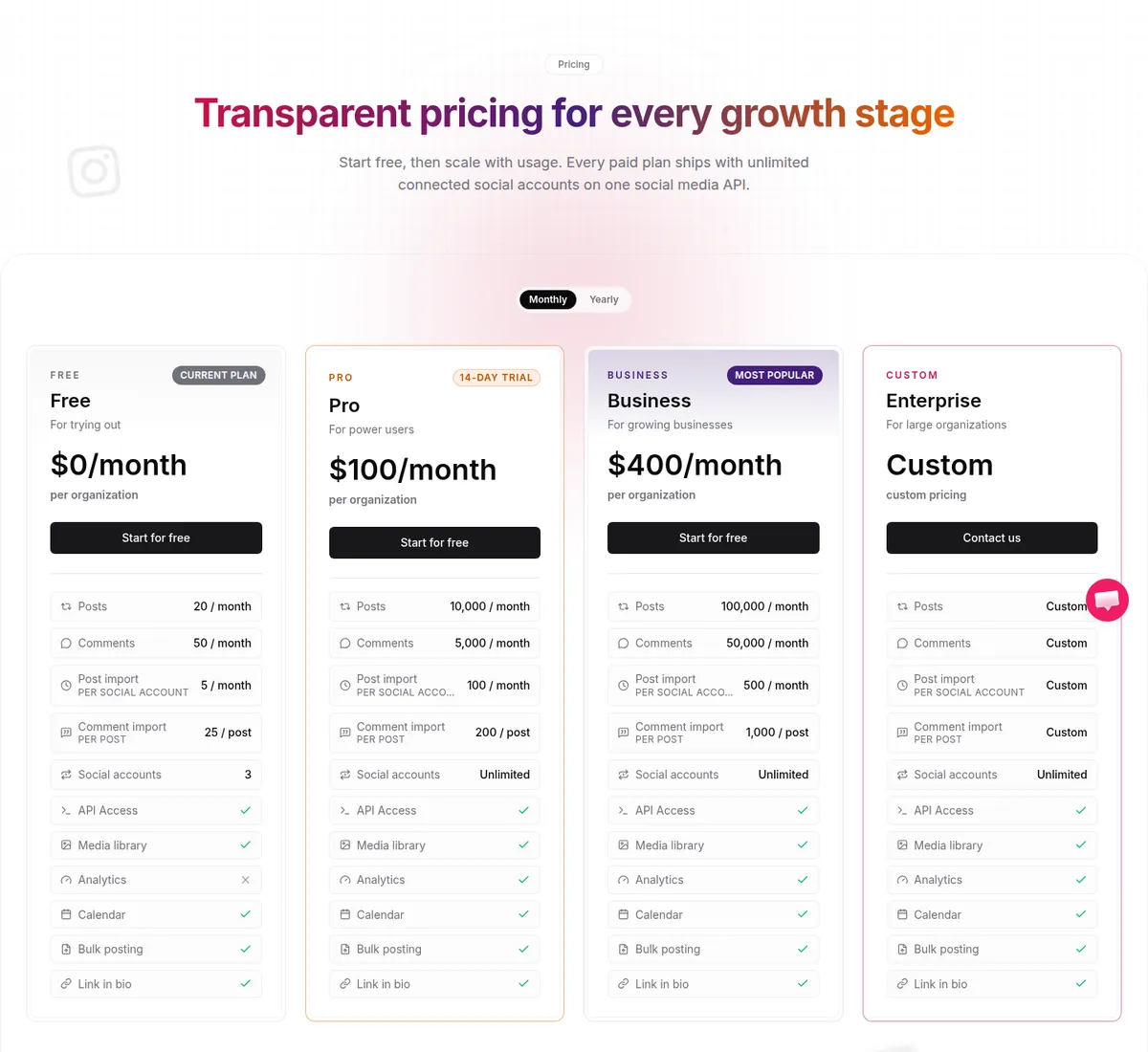 bundle.social pricing page: Free, Pro $100, Business $400, Enterprise custom, captured September 23, 2026