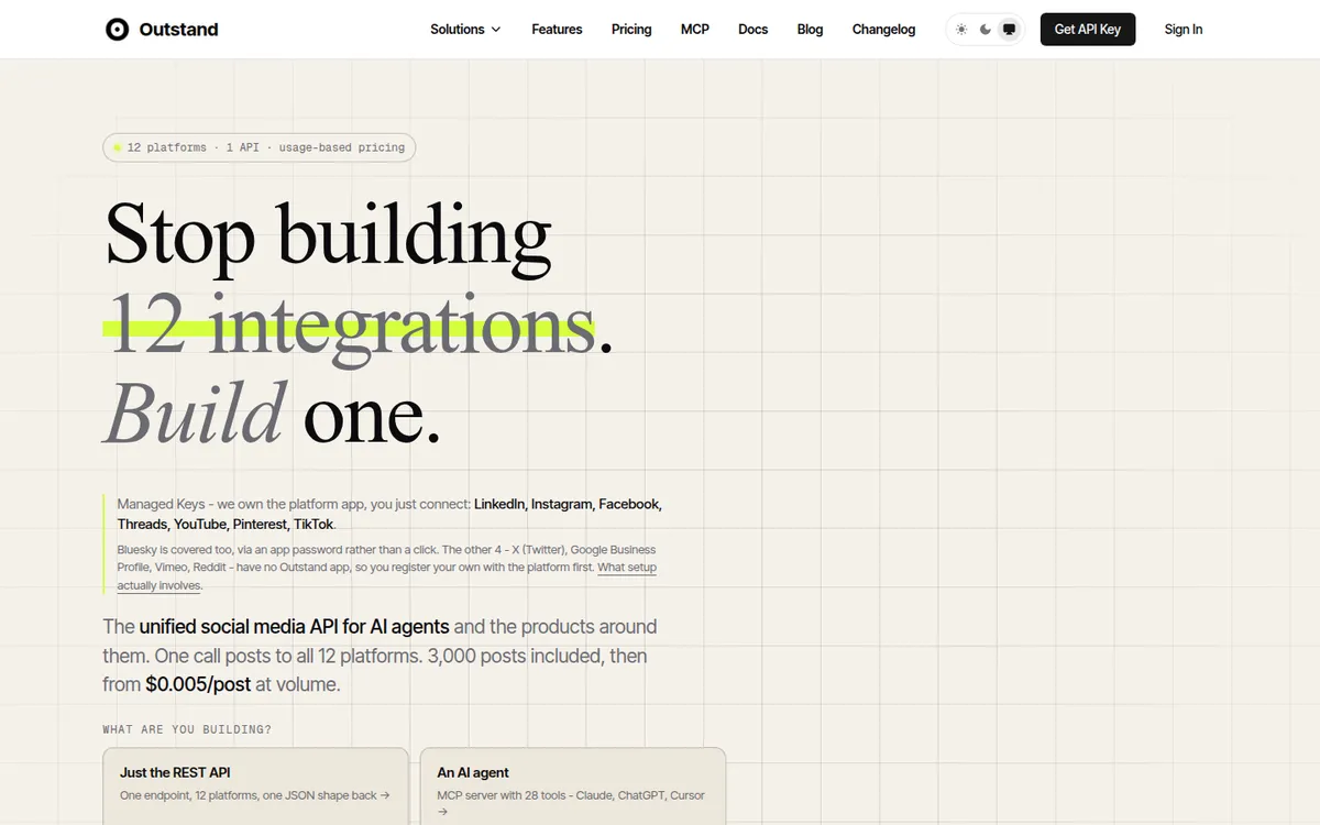 Outstand homepage: Stop building 12 integrations. Build one., captured September 23, 2026