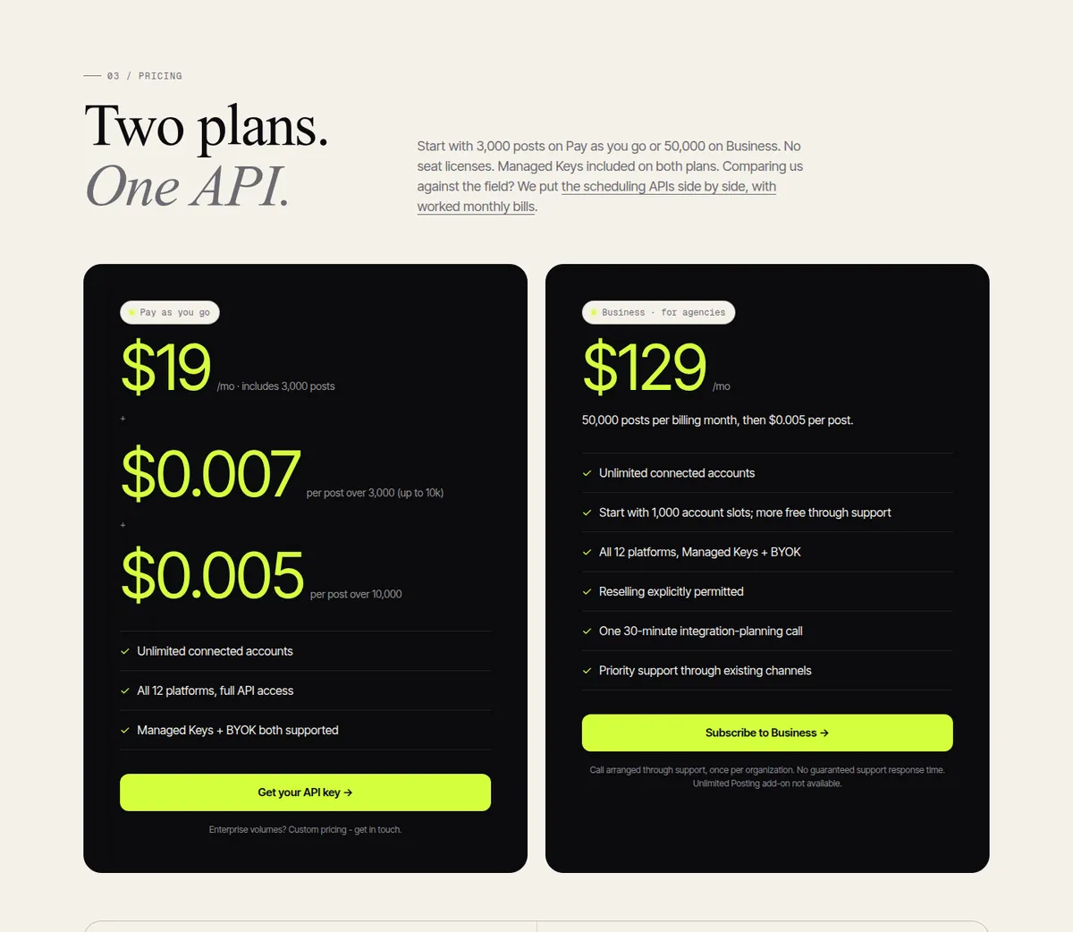 Outstand pricing: Pay as you go $19 a month and Business $129 a month, captured September 23, 2026