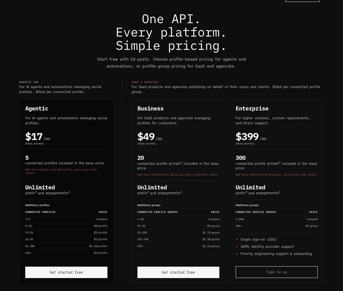 Postproxy pricing page: Agentic $17, Business $49, Enterprise $399, captured September 23, 2026