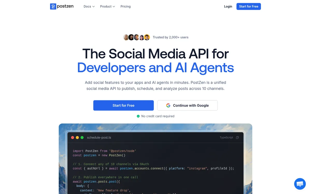 PostZen homepage: The Social Media API for Developers and AI Agents, captured September 23, 2026