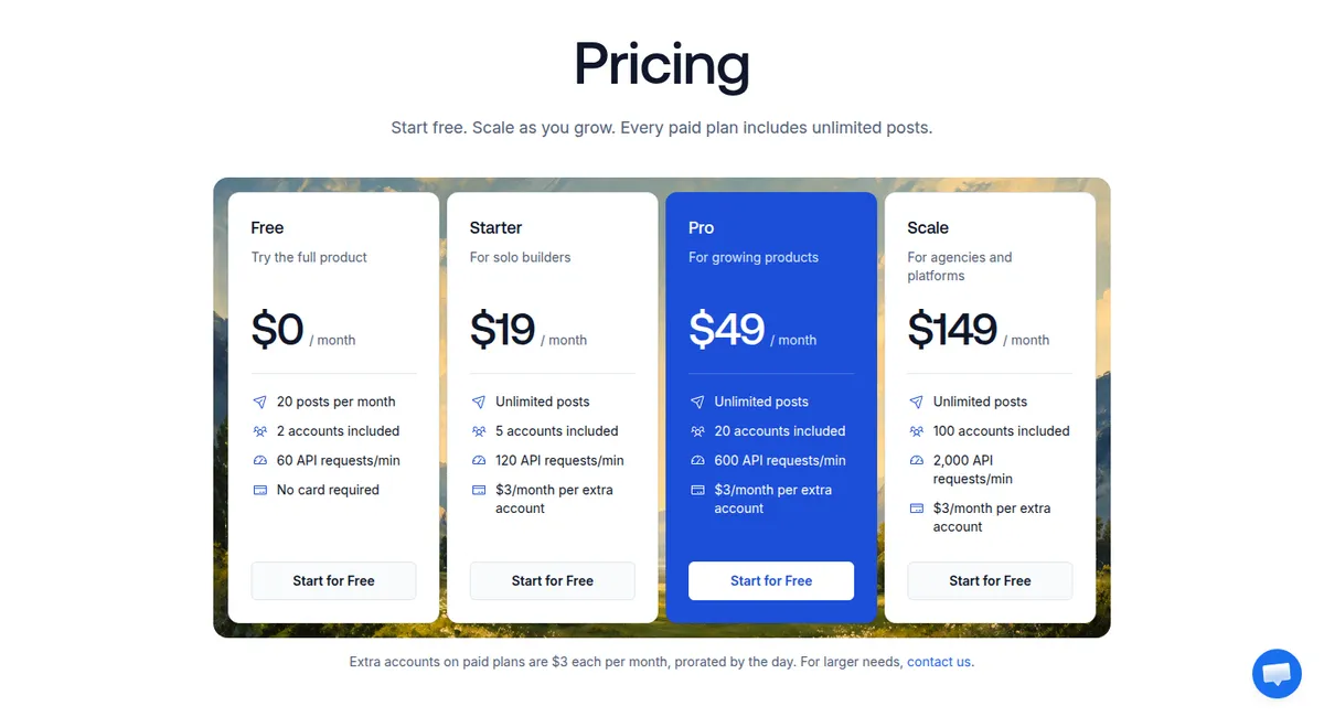 PostZen pricing page: Free, Starter $19, Pro $49, Scale $149, captured September 23, 2026